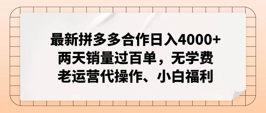 最新拼多多合作一天4000+两天销量过百单，无学费、老运营代操作、小白福利