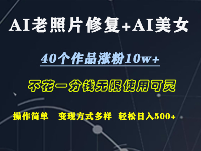 AI老照片修复+AI美女玩发  40个作品涨粉10w+  不花一分钱使用可灵  操作简单  变现方式多样话   轻松一天500+