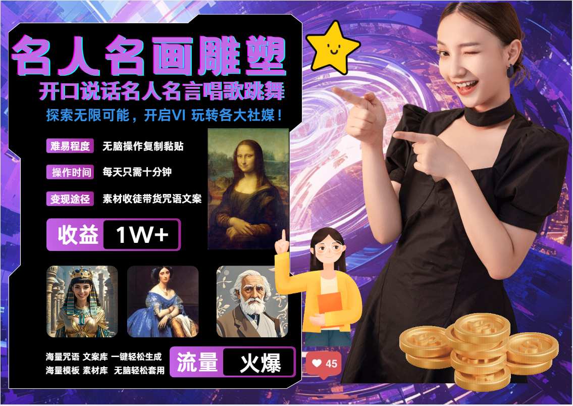 AI世界名画名人名言超强反转唱歌跳舞说话   吸睛火爆流量爆炸  每天三分钟 轻松破W