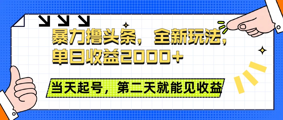 头条全新玩法，单日收益2000+，小白也能无脑操作，当天起号，第二天见收益